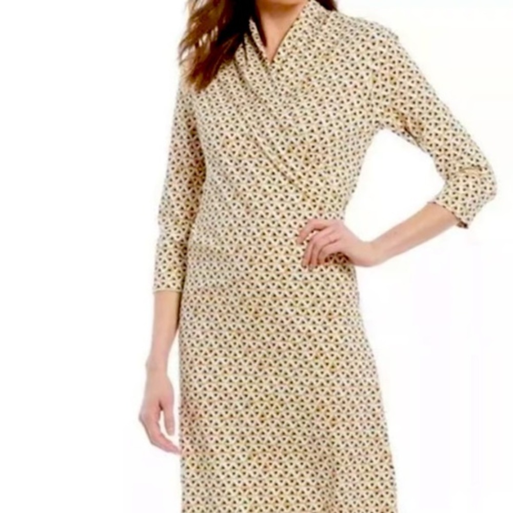 J.McLaughlin Knit Dress Panama Wrap in Denim Color Geometric Weave Print Medium